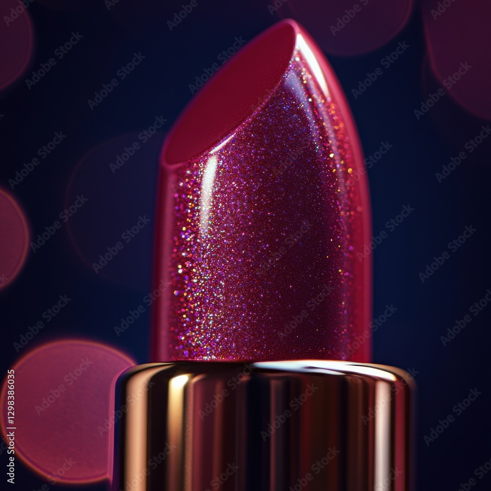 Aufkleber shimmering magenta lipstick on a golden tube against a blurred bokeh background during evening light