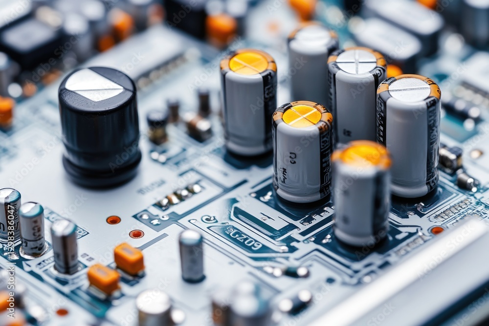 Poster a close-up view of electronic components on a computer board, useful for illustrating it concepts or