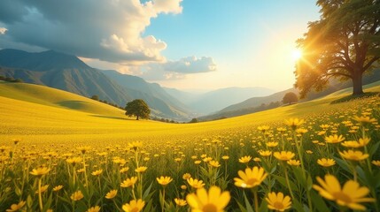 Obraz premium A tranquil landscape featuring rolling hills and a vibrant field of yellow flowers.