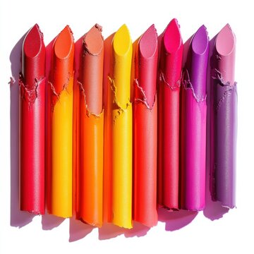 Vibrant collection of broken crayons arranged in a rainbow gradient on a bright background