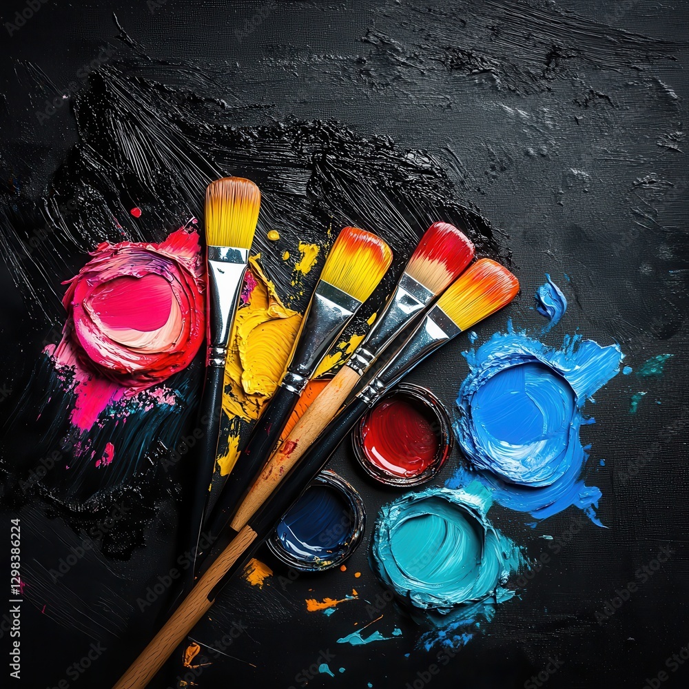 Poster vibrant paint palette with brushes arranged artistically on a textured black background showcasing c