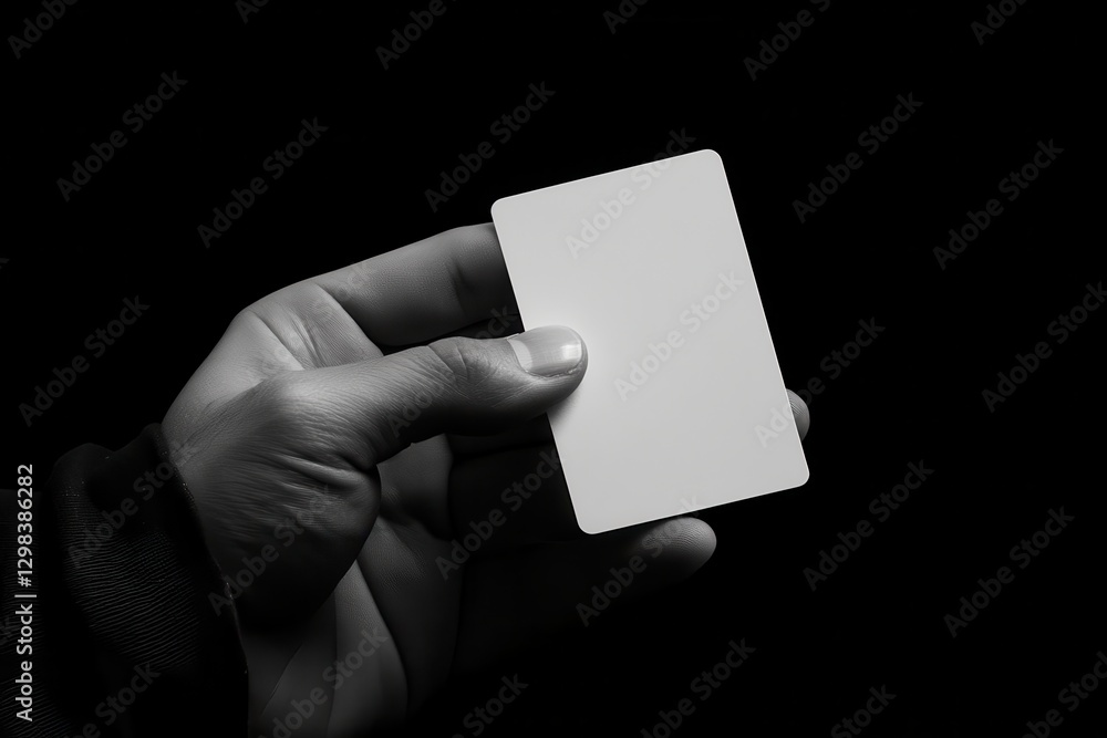 Poster hand holding a blank card against a dark backdrop showcasing a minimalist design approach