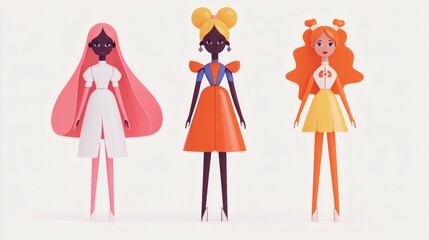 Three colorful paper dolls in playful outfits showcase diverse styles and designs in a vibrant illustration