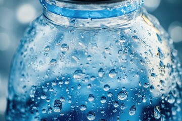 A bottle of water with water droplets forming on its surface
