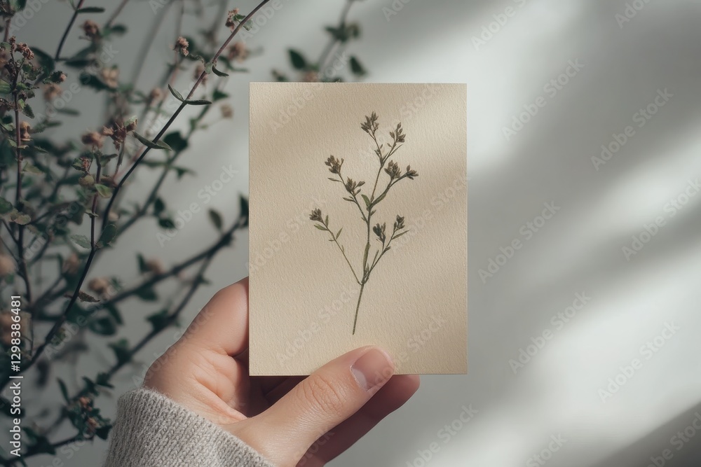 Poster botanical art display with a pressed flower on a textured card held against a softly lit background