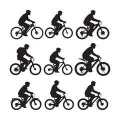 Obraz premium silhouette 2d graphic of people riding motorcycle and bicycle cut out element set white background