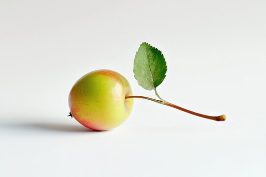 A single apple with a leaf placed on a white surface