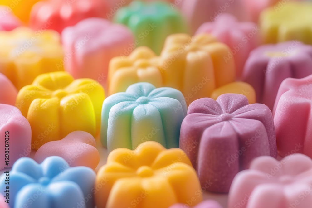 Poster a close-up shot of multiple colorful candies arranged in a stack
