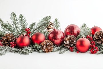Festive Christmas Ornament Arrangement - Red Christmas baubles, pine cones, and frosted pine branches create a festive holiday border against a white background