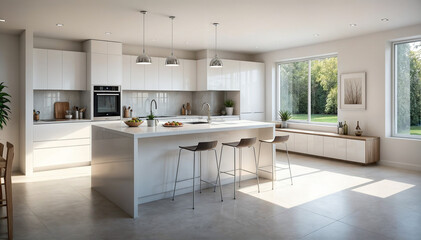 Picture a modern, minimalist kitchen with white cabinets, a center island, and plenty of natural light streaming in from large windows.	
