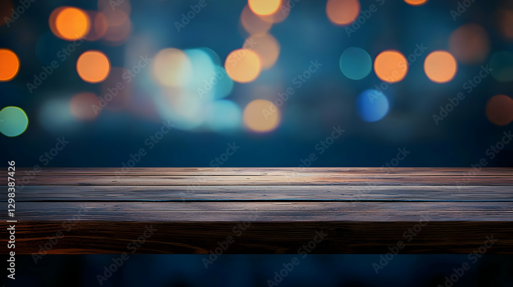 Poster wooden table surface in front of blurred lights background with bokeh effect