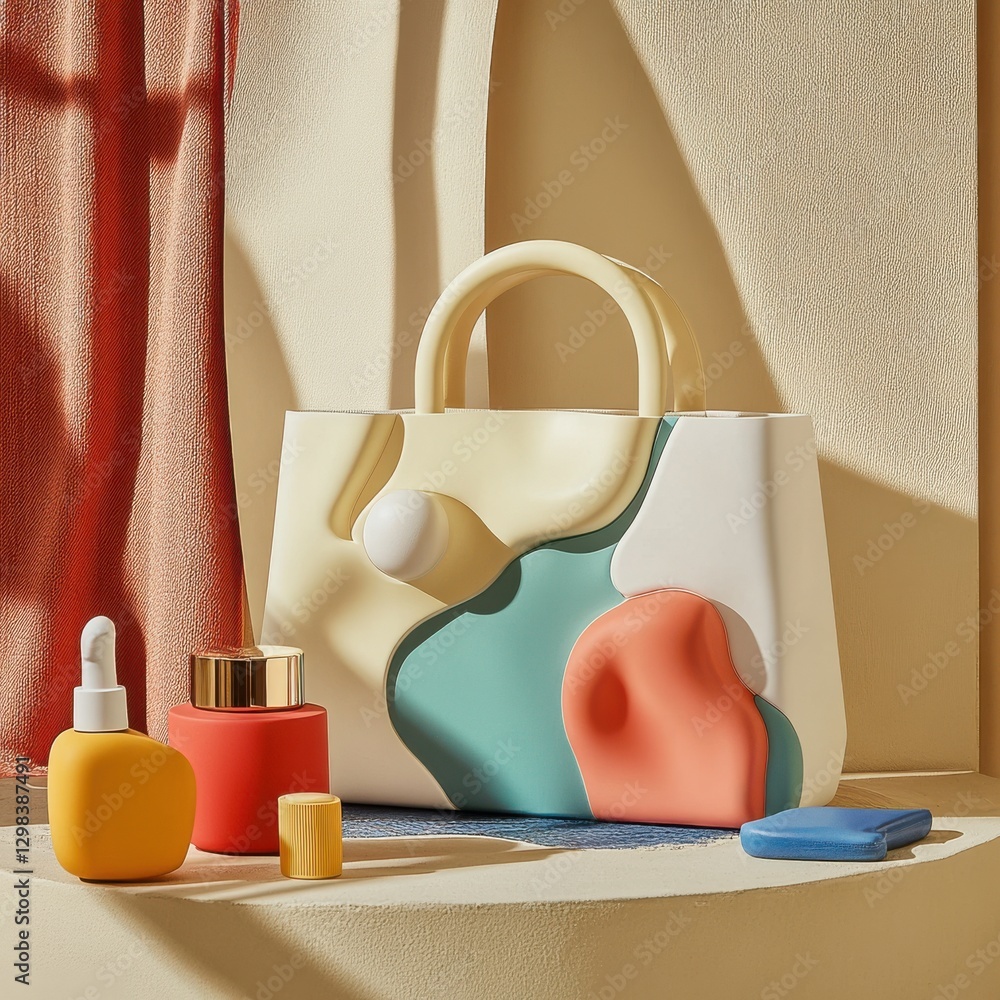 Poster stylish handbag with vibrant colors and skincare products on display in a modern interior setting