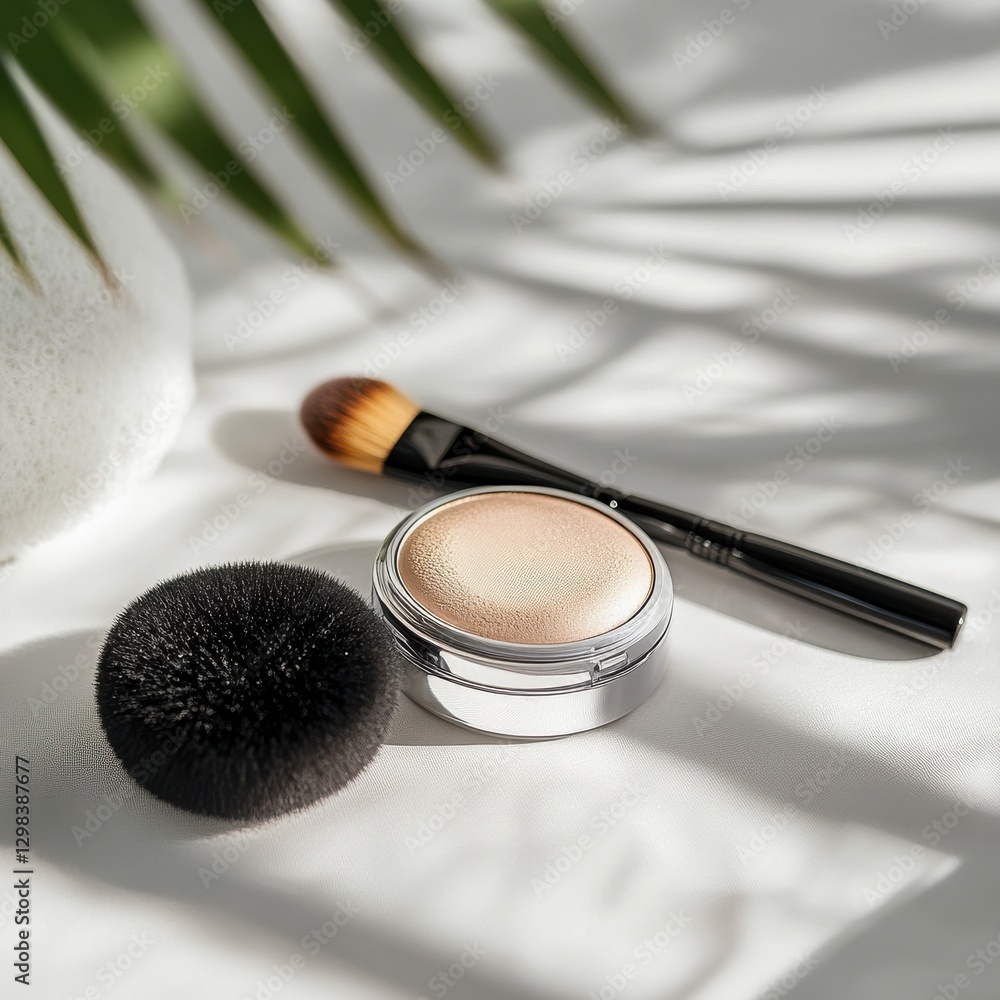Aufkleber beauty products and tools arranged on a sunlit surface with greenery in the background