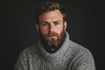 Obraz premium Portrait of a bearded man in a cozy sweater with a serious expression in a dark setting