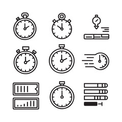 Time and clock icons set, stopwatch, timer, time management concept, progress bar loading signs, speed clock symbol, fast stopwatch line icon, watch icon on white background