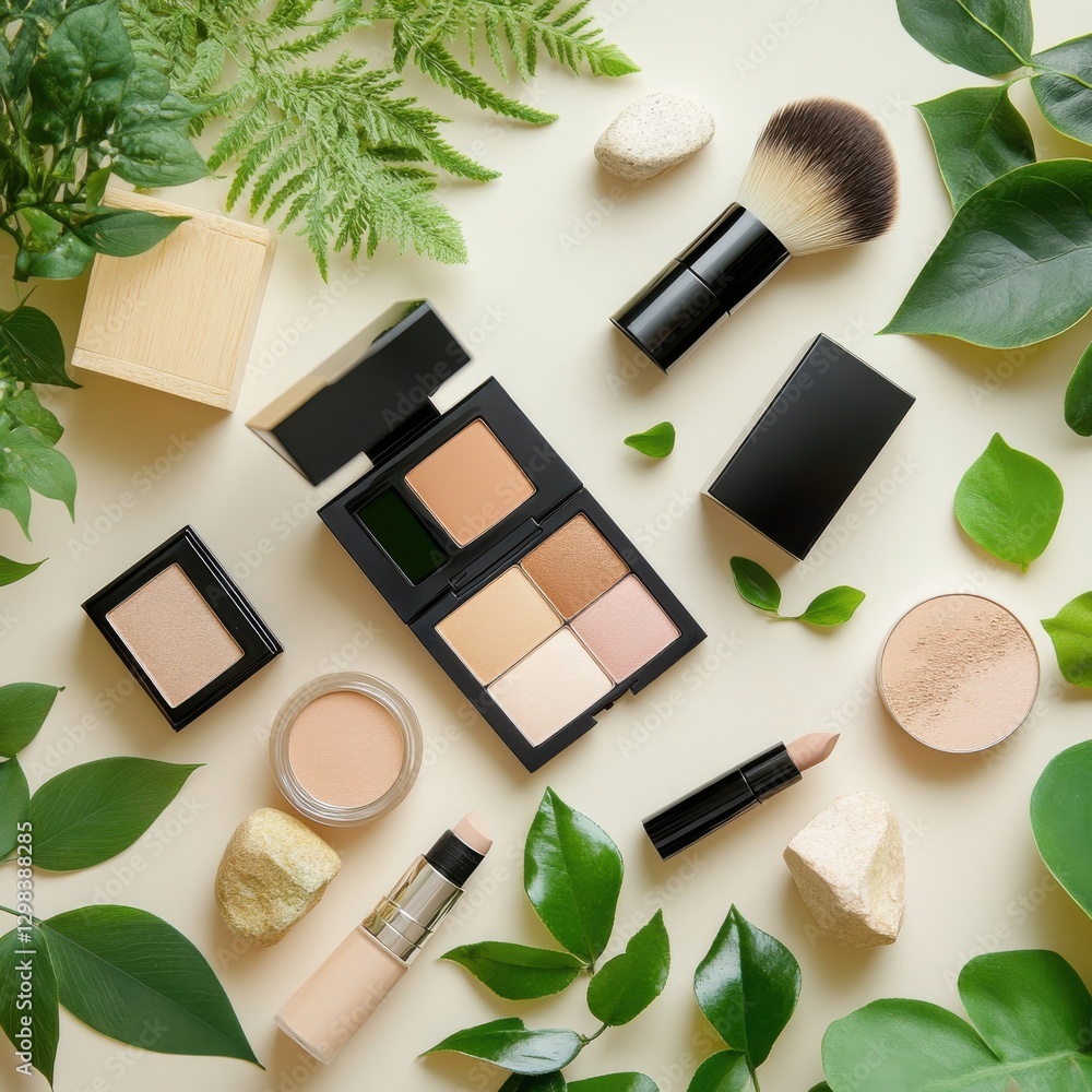 Poster makeup products displayed on a cream background with greenery and natural elements for a fresh look