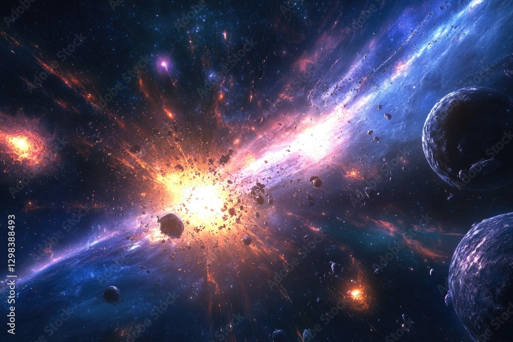 Poster planetary system with multiple planets and stars in the background, great for astronomy or science p