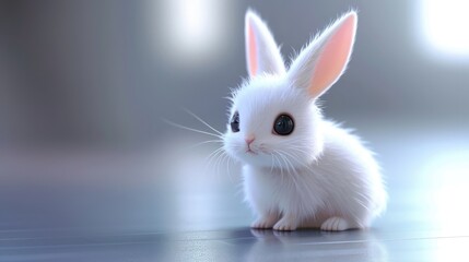 Obraz premium Adorable fluffy white rabbit sitting on a smooth surface, illuminated by soft light in a serene indoor setting
