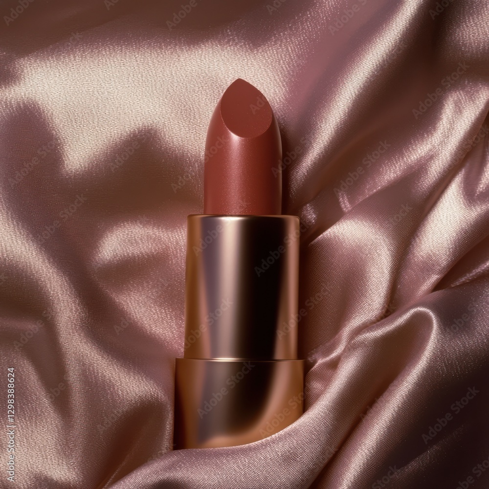 Poster lipstick resting elegantly on satin fabric showcasing a rich warm tone and sleek design in a serene 