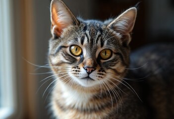 Obraz premium Charming tabby cat with bright eyes posing for a close-up portrait in sunlight 