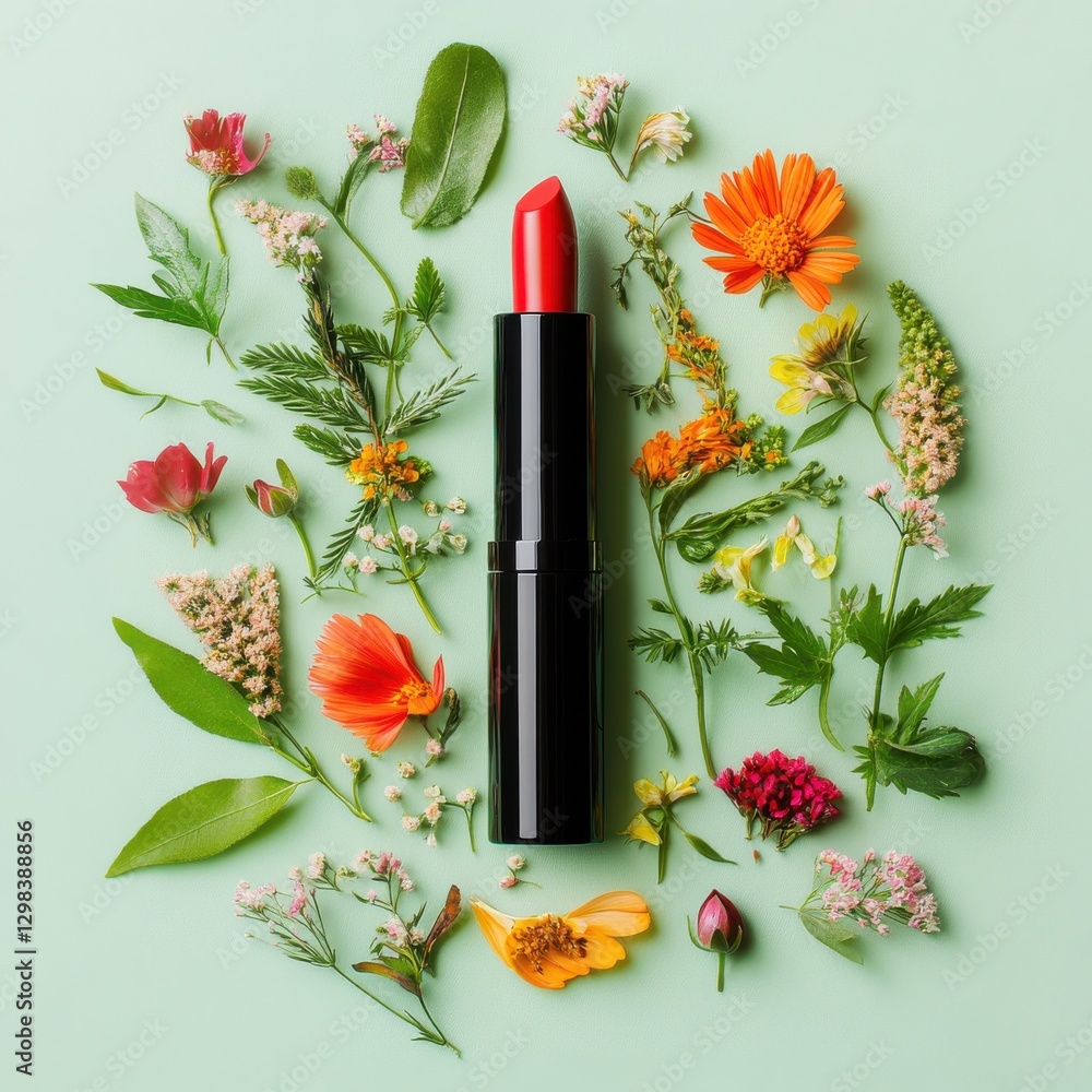 Aufkleber Vibrant red lipstick surrounded by an array of colorful flowers on a soft green background