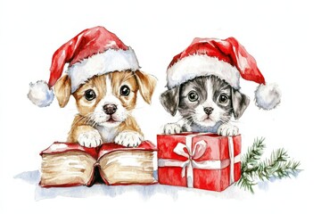 Festive Puppies and Kitten Christmas Illustration - Adorable puppies and a kitten in Santa hats, nestled with a book and gift, symbolize joy, warmth, companionship, the holiday spirit
