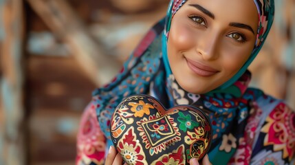 Fototapeta premium A woman with brown eyes and wearing a colorful hijab, smiles as she holds a heart-shaped box.