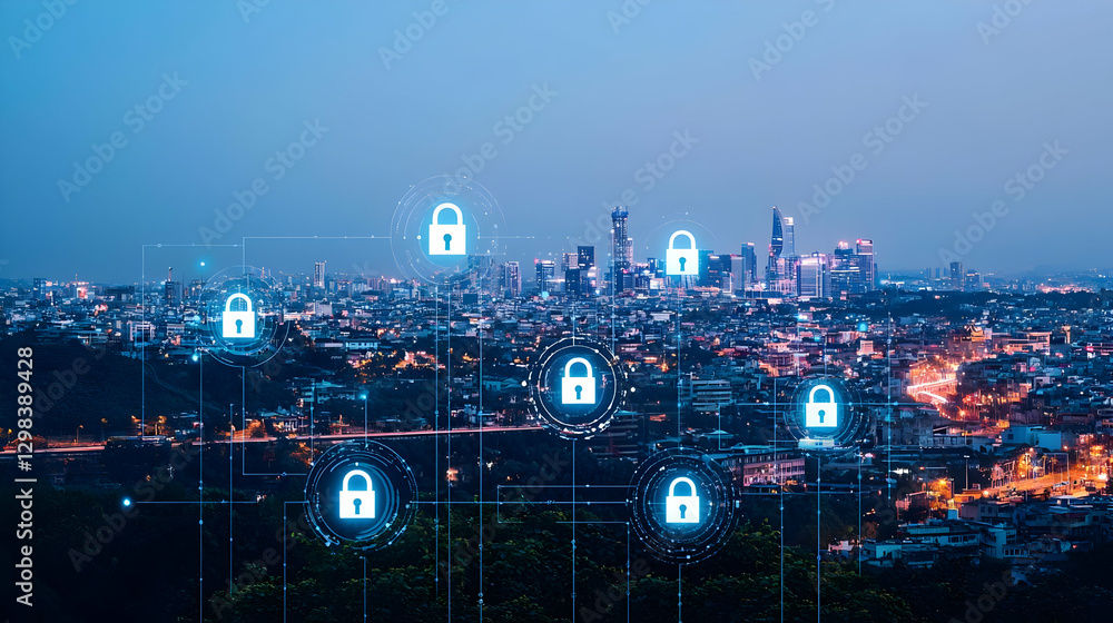 Poster glowing lock icons overlaying cityscape representing data network security at dusk