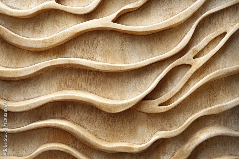 Poster intricate wooden wall panel showcasing flowing wave patterns and tactile textures in a contemporary 