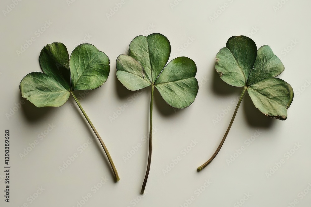 Poster three clover leaves arranged on a light background showcasing natural texture and color variations
