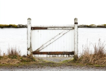 Obraz premium A simple white gate with a wooden handle stands out against the calm waterside background