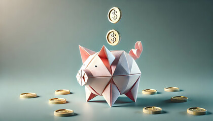 Origami piggy bank and money bag with stacked coins, financial savings and investment concept in folded paper style