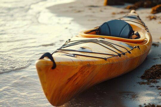 A yellow kayak sits on the sand at the edge of the water, perfect for a relaxing day by the sea