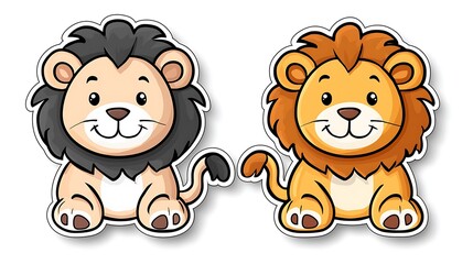 Fototapeta premium Cartoon lions sitting, friendly pose, white background, potentially for stickers or educational material