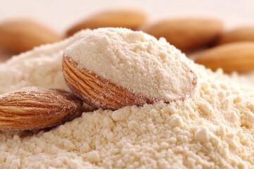 A pile of almonds sits atop a pile of flour, great for baking or cooking illustrations