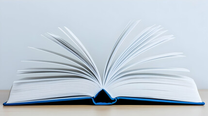 Open Book on Wooden Desk with White Pages and Blue Spine