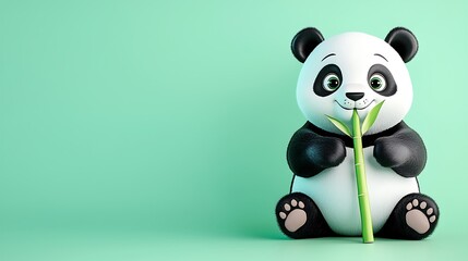 Fototapeta premium Cartoon panda eating bamboo, mint green backdrop, studio, for children's book illustration