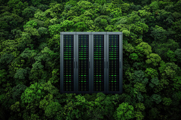 High tech server room surrounded by lush green forest, showcasing nature and technology