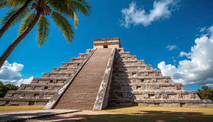 Obraz premium Majestic Chichen Itza pyramid under bright sky, ancient wonder