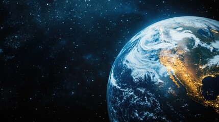 Image of the Earth viewed from space at night, showing city lights and natural features