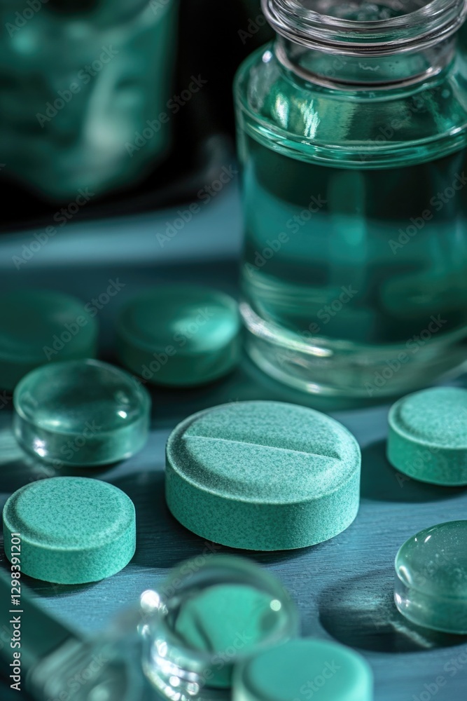 Poster a close-up view of a bottle of pills on a table