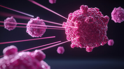 Illustration of cancer cells being targeted by laser beams, showcasing advanced medical technology and treatment methods