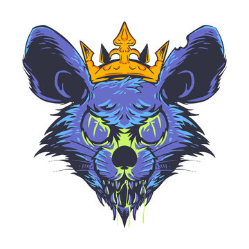 Cartoon Ugly Rat King with Golden Crown and Scary Face Illustration