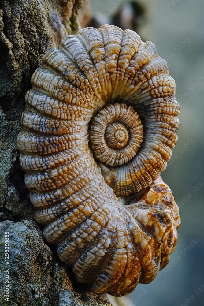 Poster a close-up of a snail's shell resting on the branch of a tree