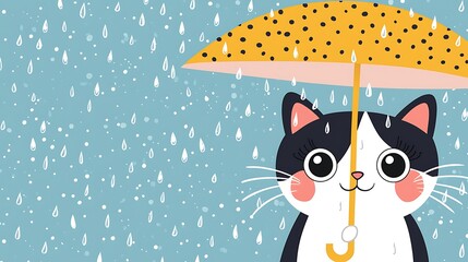 Cat with Umbrella in Rain Cute illustration for weather or pet themes on blogs and websites