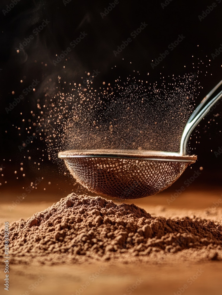 Poster Fine cocoa powder dusting through a sieve creating a cloud above the heap on a wooden surface. Generative AI