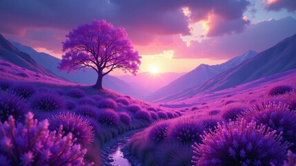 Fototapeta premium A tranquil sunset illuminates a serene landscape adorned with a lone, vibrant tree.