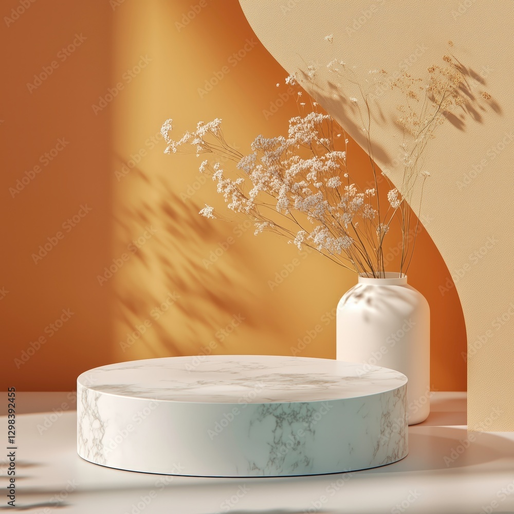 Poster empty podium with decoration: a marble podium gracefully placed on a soft surface beside a simple va