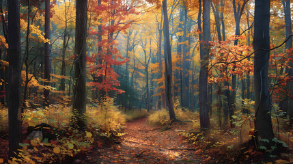Obraz premium A Tranquil Walk Through the Golden Enchantment of Autumn's Splendor in a Serene Forest