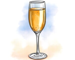 Champagne flute, filled, isolated, bubbly, watercolor background, for celebration, party, toast